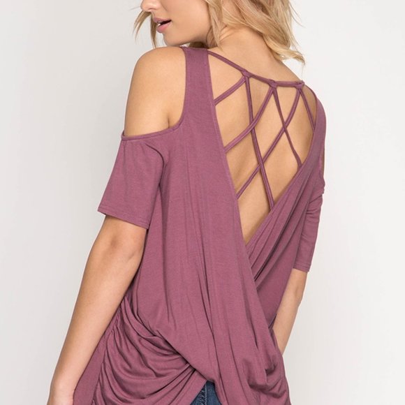 Open Back Drape Cold Shoulder Top - Picture 1 of 15